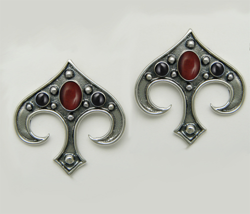 Sterling Silver Gothic Inspired Drop Dangle Earrings With Red Tiger Eye And Black Onyx